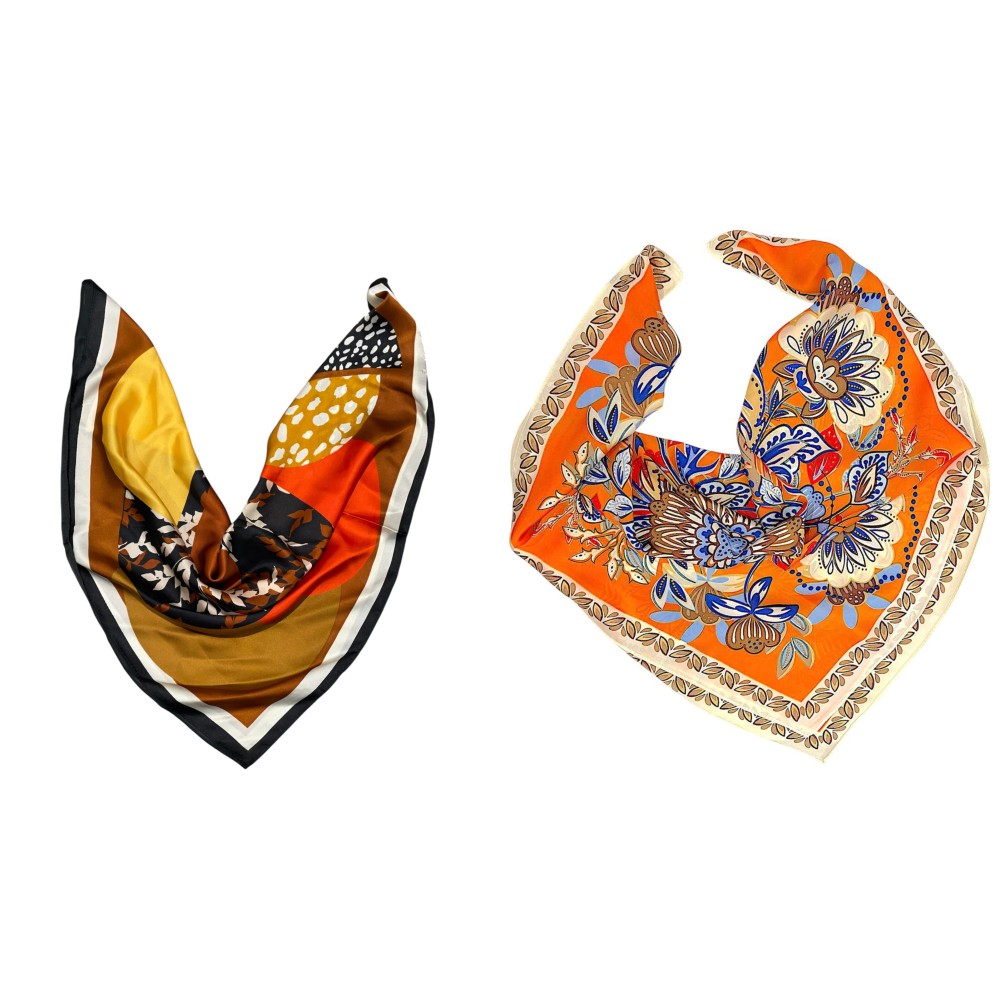 MANTHΛΙ ΣΑΤΕΝ, ΕΜΠΡΙΜΕ & ΤΕΤΡΑΓΩΝΟ ΣΕ ΠΟΡΤΟΚΑΛΙ - ΜΠΛΕ Ή ΠΟΛΥΧΡΩΜΟ ΣΕ ΓΗΙΝΟΥΣ ΤΟΝΟΥΣ "ALEX KATSAITI X STYLISHIOUS"