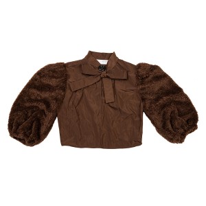 BLOUSE IN BROWN TAFFETA, FLEECE FURY SLEEVES, HIGH COLLAR & NECK TIE BOW "ALEX KATSAITI X STYLISHIOUS”