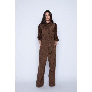 BLOUSE IN BROWN TAFFETA, FLEECE FURY SLEEVES, HIGH COLLAR & NECK TIE BOW "ALEX KATSAITI X STYLISHIOUS”