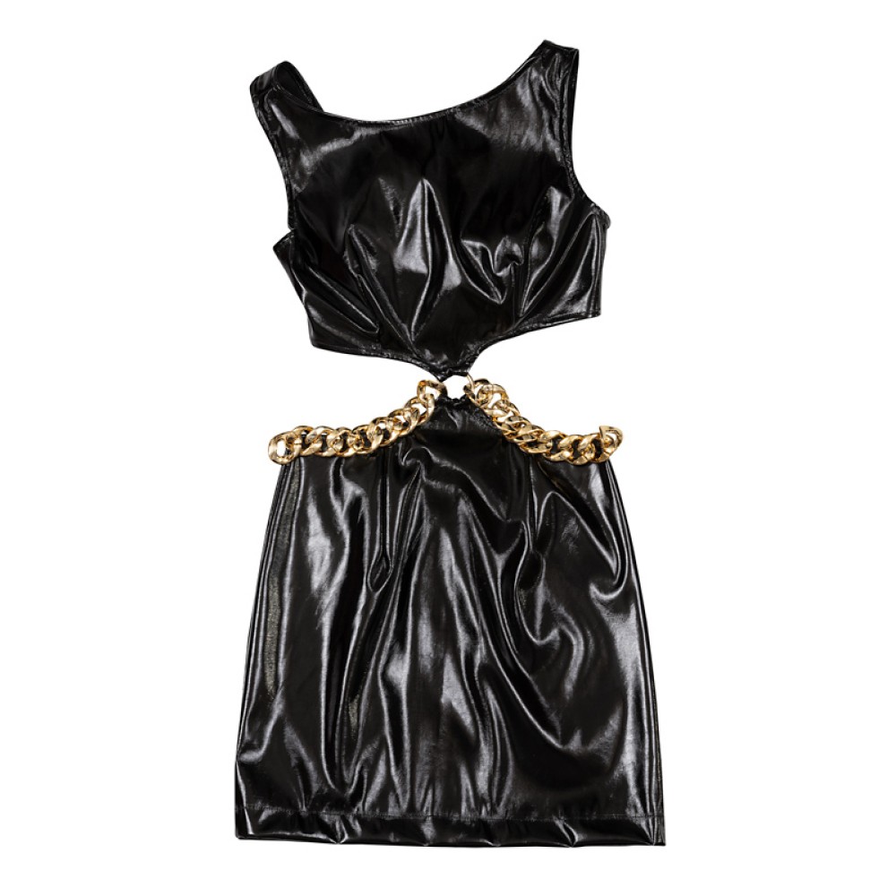 ΦΟΡΕΜΑ ΜΙΝΙ, ΜΑΥΡΟ ΒΙΝΥΛ ΜΕ ΑΝΟΙΓΜΑΤΑ ΣΤΟ ΠΛΑΙ,ΧΡΥΣΟΥΣ ΚΡΙΚΟΥΣ, ΦΕΡΜΟΥΑΡ ΚΑΙ ΧΡΥΣΗ ΑΛΥΣΙΔΑ  "ALEX KATSAITI X STYLISHIOUS"