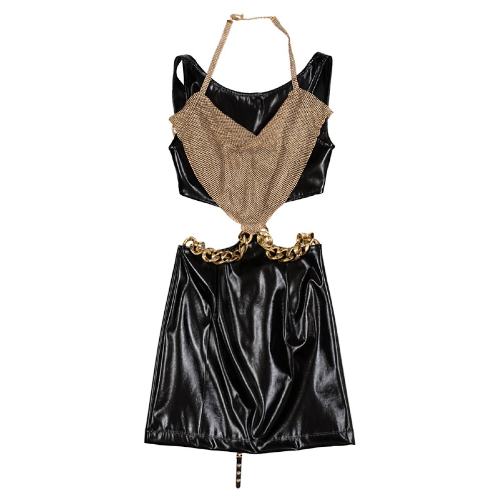 ΦΟΡΕΜΑ ΜΙΝΙ, ΜΑΥΡΟ ΒΙΝΥΛ ΜΕ ΑΝΟΙΓΜΑΤΑ ΣΤΟ ΠΛΑΙ,ΧΡΥΣΟΥΣ ΚΡΙΚΟΥΣ, ΦΕΡΜΟΥΑΡ ΚΑΙ ΧΡΥΣΗ ΑΛΥΣΙΔΑ  "ALEX KATSAITI X STYLISHIOUS"
