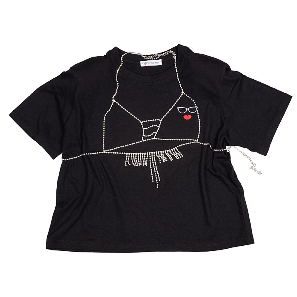 T-SHIRT OVERSIZED ΣΕ ΜΑΥΡΟ ΚΑΙ ΛΕΥΚΟ ΜΕ ΑΠΟΣΠΩΜΕΝΟ TOΠ ΑΠΟ ΑΛΥΣΙΔΑ ΜΕ ΣΤΡΑΣ "ALEX KATSAITI X STYLISHIOUS"