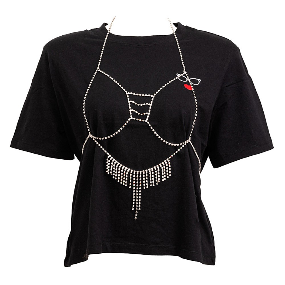 T-SHIRT OVERSIZED ΣΕ ΜΑΥΡΟ ΚΑΙ ΛΕΥΚΟ ΜΕ ΑΠΟΣΠΩΜΕΝΟ TOΠ ΑΠΟ ΑΛΥΣΙΔΑ ΜΕ ΣΤΡΑΣ "ALEX KATSAITI X STYLISHIOUS"