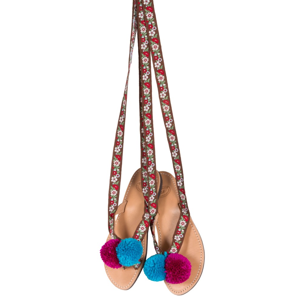 ΣΑΝΔΑΛΙA ΔΕΡΜΑΤΙΝΑ ΜΕ ΜΩΒ/ΦΟΥΞΙΑ-ΤΥΡΚΟΥΑΖ ΠΟΝ ΠΟΝ & ΚΕΝΤΗΜΕΝΕΣ ΚΟΡΔΕΛΛΕΣ "ALEX KATSAITI X STYLISHIOUS"