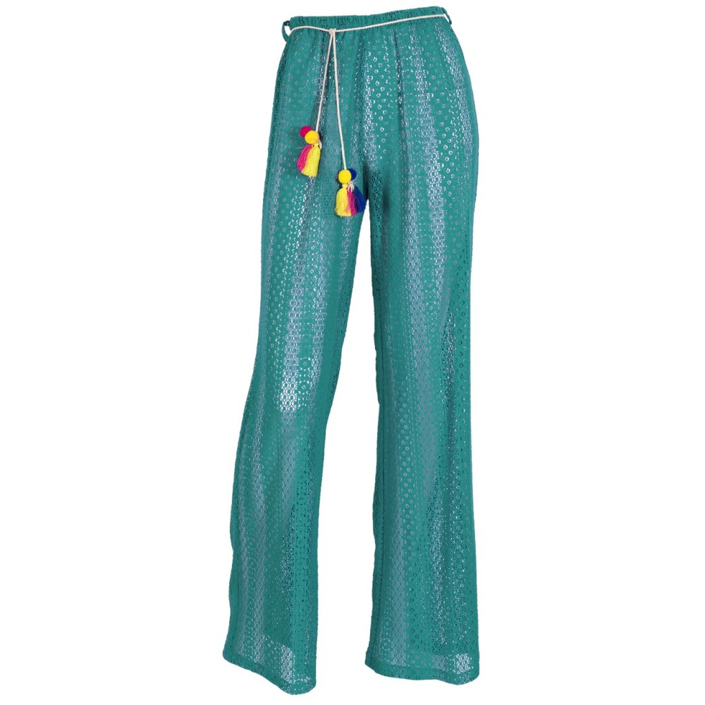 Παντελόνι από ελαστική δαντέλα πετρόλ, ημιδιάφανο με ζωνάκι με φουντάκια "ALEX KATSAITI X STYLISHIOUS"