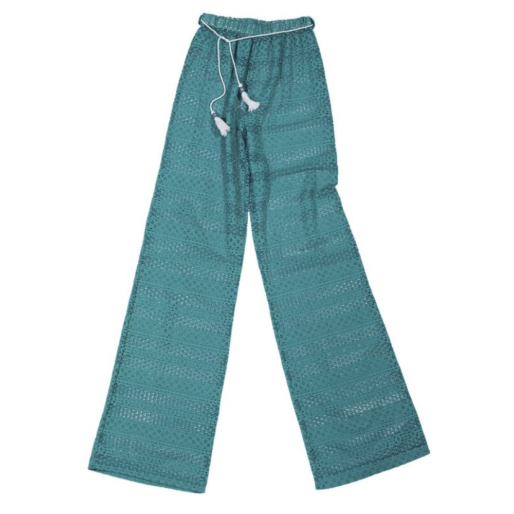 Παντελόνι από ελαστική δαντέλα πετρόλ, ημιδιάφανο με ζωνάκι με φουντάκια "ALEX KATSAITI X STYLISHIOUS"