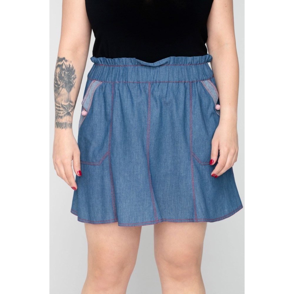 ΦΟΥΣΤΑ ΤΖΗΝ ΜINI ΚΛΟΣ ΜΕ ΕΞΩΤΕΡΙΚΕΣ ΡΑΦΕΣ ΣΕ ΚΟΚΚΙΝΟ ΧΡΩΜΑ & ΛΑΣΤΙΧΟ ΣΤΗΝ ΜΕΣΗ "PLUS SIZE Collection"