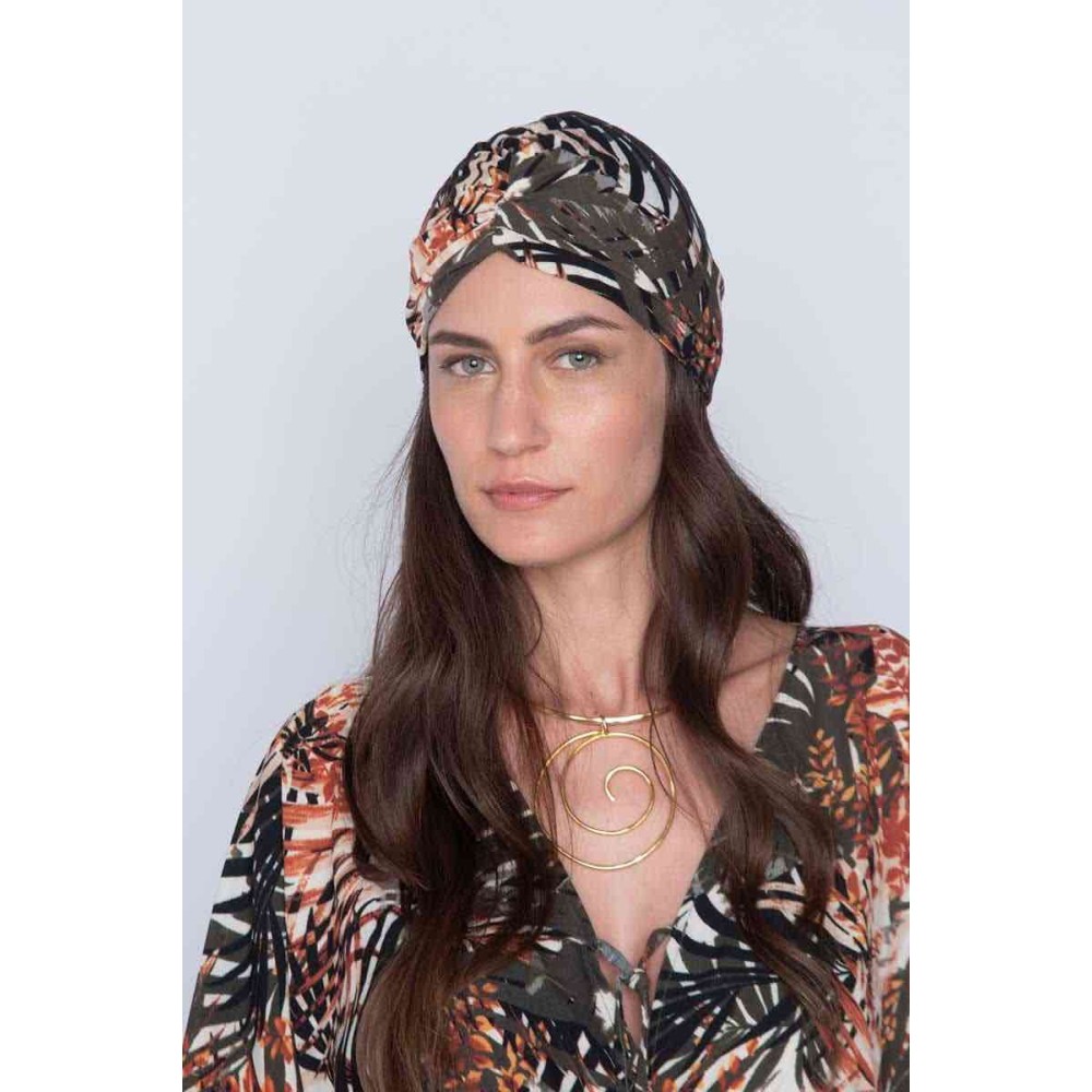 ΤOΥΡΜΠΑΝ ΕΜΠΡΙΜΕ ΜΕ ΦΥΛΛΑ ΦΟΙΝΙΚΑ ΣΕ ΡΟΖ-ΚΕΡΑΜΜΙΔΙ-ΚΙΤΡΙΝΟ-ΜΠΕΖ "ALEX KATSAITI X STYLISHIOUS"