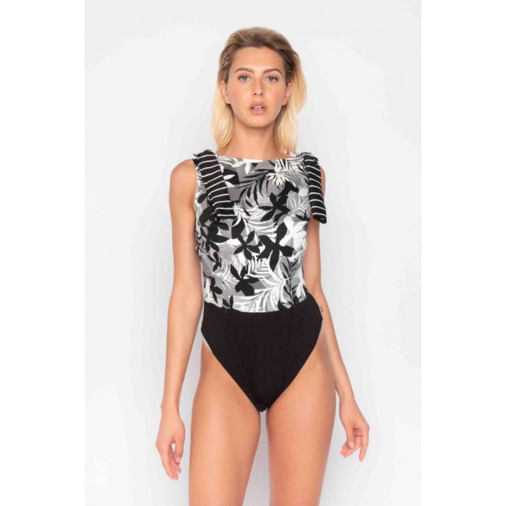 ΚΟΡΜΑΚΙ ΦΛΟΡΑΛ ΑΣΠΡΟΜΑΥΡΟ ΜΕ ΑΝΟΙΧΤΗ ΠΛΑΤΗ ΝΤΕΚΟΛΤΕ ΧΑΜΟΓΕΛΟ & ΦΙΟΓΚΟΥΣ ΣΤΟΥΣ ΩΜΟΥΣ "alexSANDra on THE BEACH"