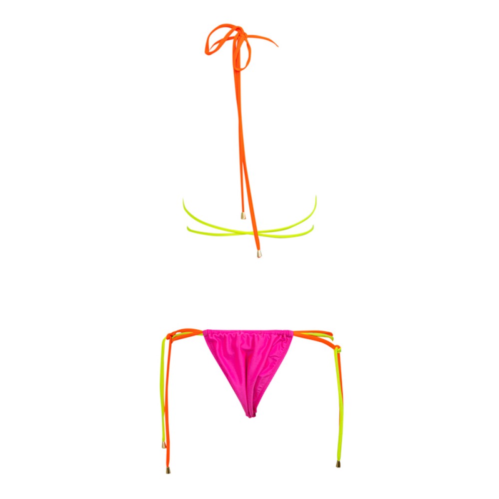 ΜΠΙΚΙΝΙ ΤΡΙΓΩΝΑΚΙ ΦΟΥΞΙΑ ΜΕ ΜΑΚΡΙΑ ΚΟΡΔΟΝΙΑ ΣΕ ΦΛΟΥΟ ΚΙΤΡΙΝΟ & ΠΟΡΤΟΚΑΛΙ, ΨΗΛOMEΣΟ ΜΕ ΣΟΥΡΑ  "ALEX KATSAITI X STYLISHIOUS