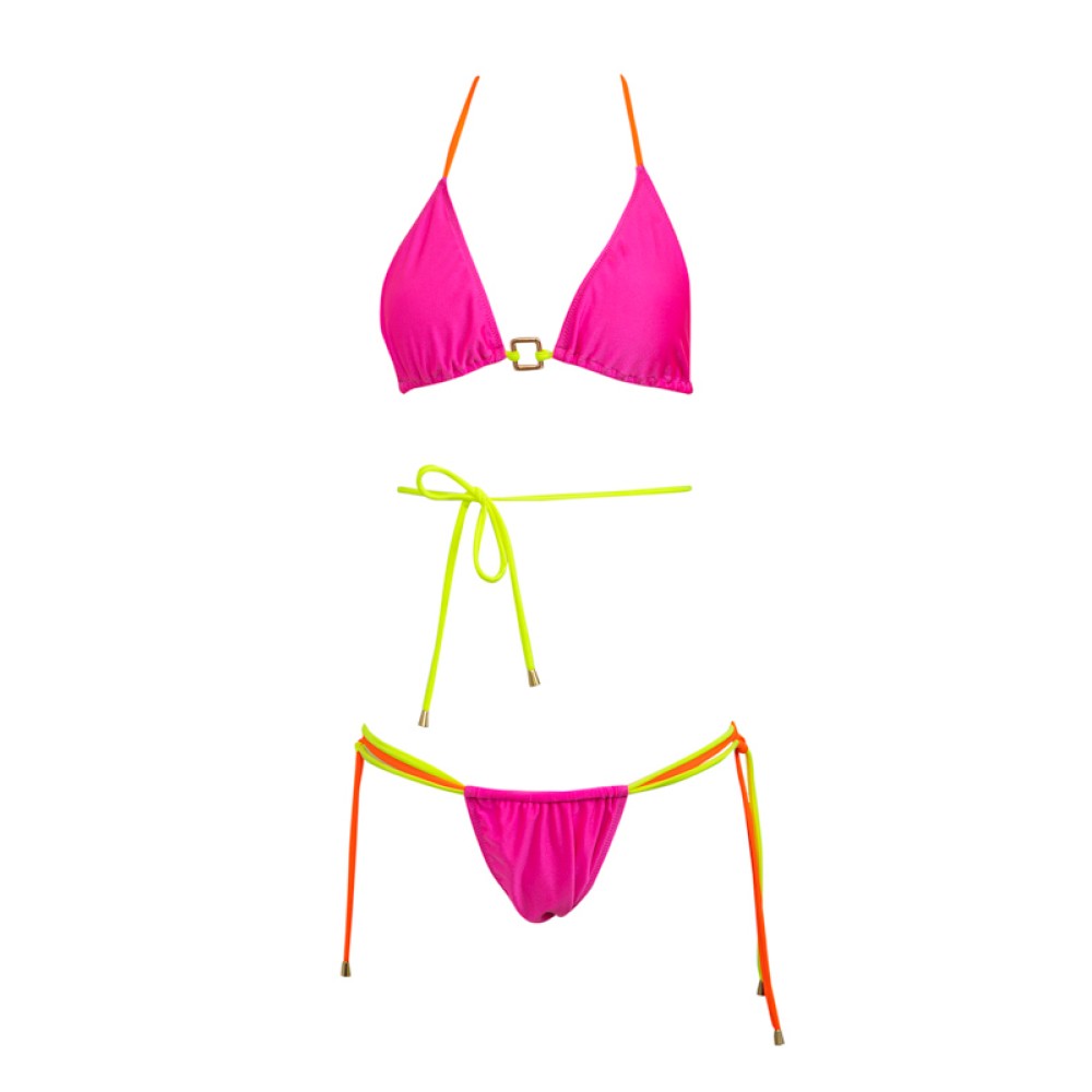 ΜΠΙΚΙΝΙ ΤΡΙΓΩΝΑΚΙ ΦΟΥΞΙΑ ΜΕ ΜΑΚΡΙΑ ΚΟΡΔΟΝΙΑ ΣΕ ΦΛΟΥΟ ΚΙΤΡΙΝΟ & ΠΟΡΤΟΚΑΛΙ, ΨΗΛOMEΣΟ ΜΕ ΣΟΥΡΑ  "ALEX KATSAITI X STYLISHIOUS