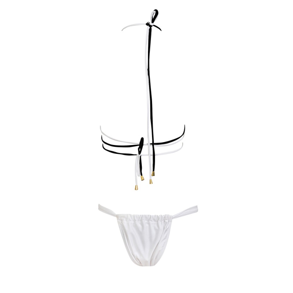 ΜΠΙΚΙΝΙ ΤΡΙΓΩΝΑΚΙ ΑΣΠΡΟΜΑΥΡΟ ΜΕ ΜΑΚΡΙΑ ΚΟΡΔΟΝΙΑ, ΧΡΥΣΟ ΚΡΙΚΟ ΚΑΙ ΒΡΑΚΑΚΙ ΜΕ ΣΟΥΡΑ "ALEX KATSAITI X STYLISHIOUS