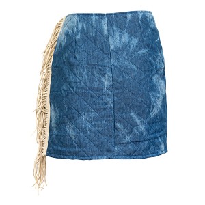 SKIRT MINI WRAP STYLE, IN PADDED DENIM & SUEDE TRIM & BABUSHKA BROOCH "ALEX KATSAITI X STYLISHIOUS"
