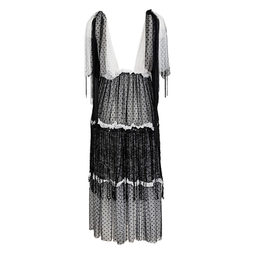 ΦΟΡΕΜΑ  ΑΣΠΡΟΜΑΥΡΟ, ΔΑΝΤΕΛΑ & ΠΟΥΑ ΤΟΥΛI ΜΕ ΒΟΛΑΝ, ΒΑΘΥ ΝΤΕΚΟΛΤΕ, ΜΑΥΡΑ ΜΑΚΡΙΑ ΚΡΟΣΙΑ & ΔΕΣΙΜΟ ΣΤΟΥΣ ΩΜΟΥΣ "ALEX KATSAITI X STYLISHIOUS”