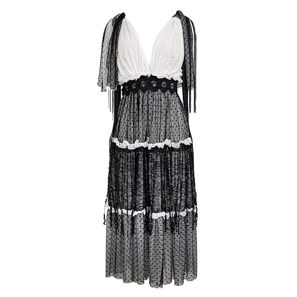 ΦΟΡΕΜΑ  ΑΣΠΡΟΜΑΥΡΟ, ΔΑΝΤΕΛΑ & ΠΟΥΑ ΤΟΥΛI ΜΕ ΒΟΛΑΝ, ΒΑΘΥ ΝΤΕΚΟΛΤΕ, ΜΑΥΡΑ ΜΑΚΡΙΑ ΚΡΟΣΙΑ & ΔΕΣΙΜΟ ΣΤΟΥΣ ΩΜΟΥΣ "ALEX KATSAITI X STYLISHIOUS”