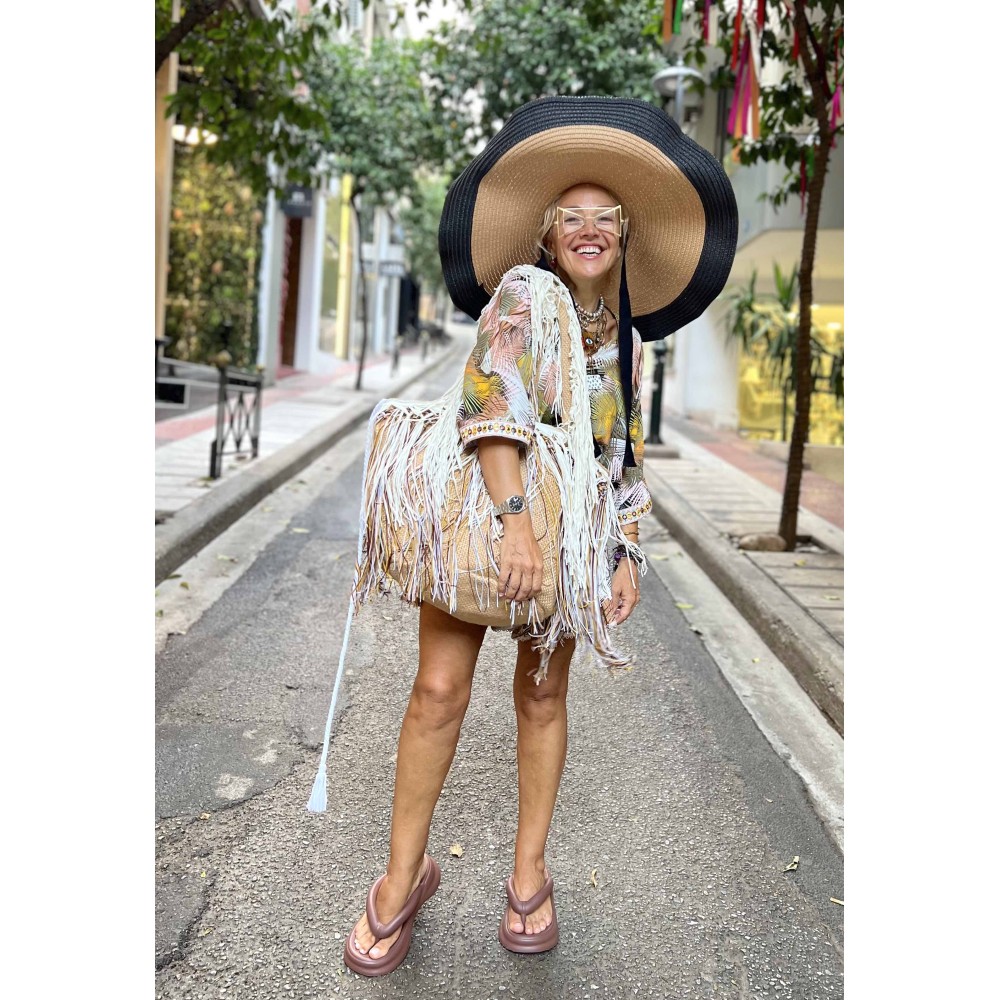 ΤΣΑΝΤΑ ΜΠΕΖ ΟΙΚΟΛΟΓΙΚΗ ΑΠΟ ΛΙΝΑΤΣΑ, ΜΕ ΠΟΛΥ ΜΑΚΡΥΑ ΚΡΟΣΙΑ ΣΕ ΓΗΙΝΕΣ ΑΠΟΧΡΩΣΕΙΣ & ΛΕΥΚΑ ΤΥΠΟΥ ΣΟΥΕΝΤ "ALEX KATSAITI X STYLISHIOUS"