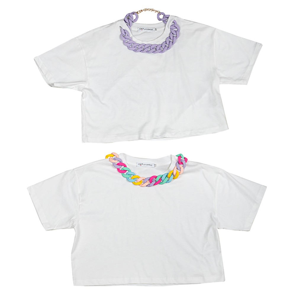 T-SHIRT ΛΕΥΚΟ, KONTO ΜΕ ΑΠΟΣΠΩΜΕΝΟ ΛΙΛΑ Ή ΠΟΛΥΧΡΩΜΟ ΚΟΛΛΙΕ ΑΛΥΣΙΔΑ "ALEX KATSAITI X STYLISHIOUS"