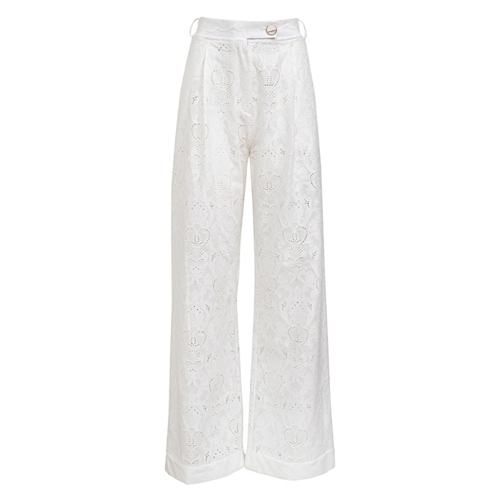 ΠΑΝΤΕΛΟΝΙ ΛΕΥΚΟ, ΒΑΜΒΑΚΕΡΟ ΑΠΟ ΒΑΜΒΑΚΕΡΗ ΔΑΝΤΕΛΑ, ΨΗΛΟΜΕΣΟ ΣΕ IΣΙΑ ΓΡΑΜΜΗ " ALEX KATSAITI X STYLISHIOUS"