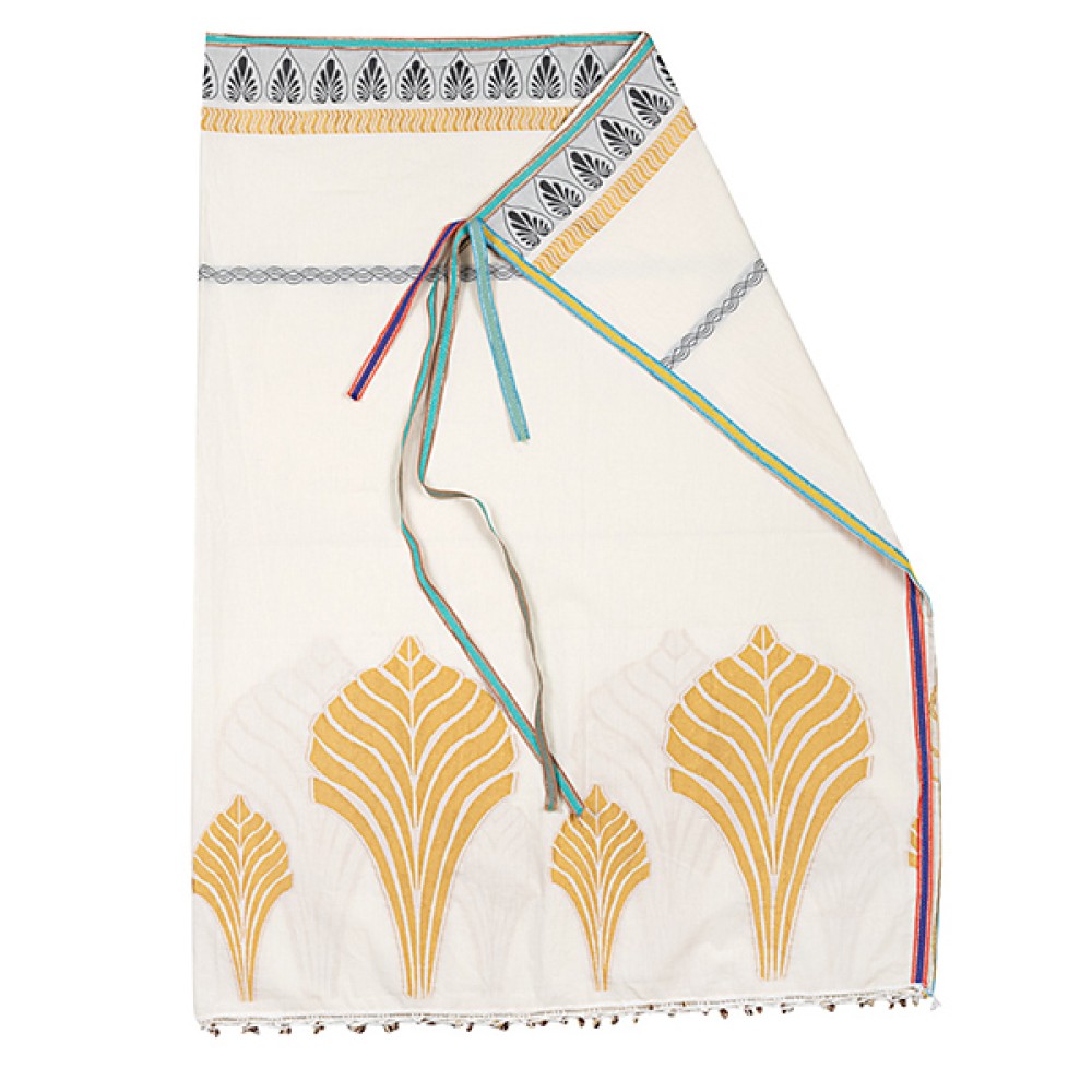 ΕΣΑΡΠΑ - ΠΑΡΕΟ ΒΑΜΒΑΚΕΡΟ, ΕΚΡΟΥ ΜΕ ΧΡΥΣΟ ΚΕΝΤΗΜΑ, ΚΟΡΔΕΛΕΣ & ΔΑΝΤΕΛΑ ΜΕ ΚΟΧΥΛΙΑ  "ALEX KATSAITI X STYLISHIOUS"