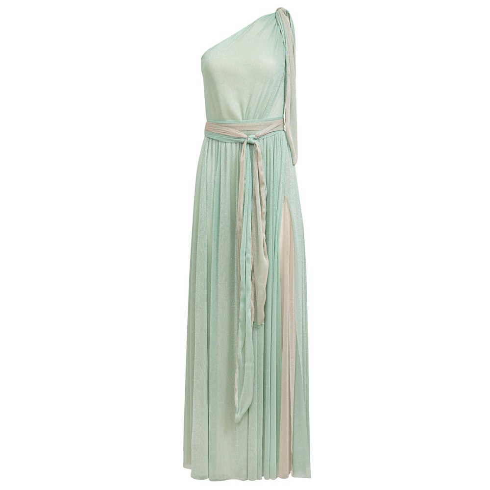 ΦΟΡΕΜΑ ΜΑΚΡΥ-ΑΕΡΙΝΟ ΜΕ ΕΝΑΝ ΩΜΟ & ΣΚΙΣΙΜΟ ΣΕ BEPAMAN - MΠΕΖ/ΧΡΥΣΟ ΜΕ ΔΙΑΚΡΙΤΙΚΗ ΛΑΜΨΗ & ΖΩΝΗ "ALEX KATSAITI X STYLISHIOUS"