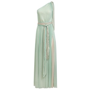 DRESS -GRECIAN STYLE- MAXI, ONE SHOULDER ΙN ΜΙΝΤ - SAND/GOLD LUREX FABRICS WITH SLIT & BELT "ALEX KATSAITI X STYLISHIOUS" 