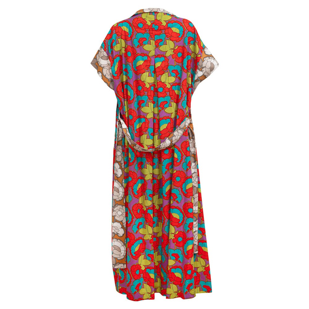 ΚΙΜΟΝΟ ΜΑΚΡΥ, OVERSIZED, ΔΙΧΡΩΜΟ, ΦΛΟΡΑΛ ΣΕ ΚΟΚΚΙΝΟ-ΜΩΒ-ΠΡΑΣΙΝΟ & ΜΠΕΖ ΜΕ ΖΩΝΗ ΚΑΙ ΤΣΕΠΕΣ  "ALEX KATSAITI X STYLISHIOUS"