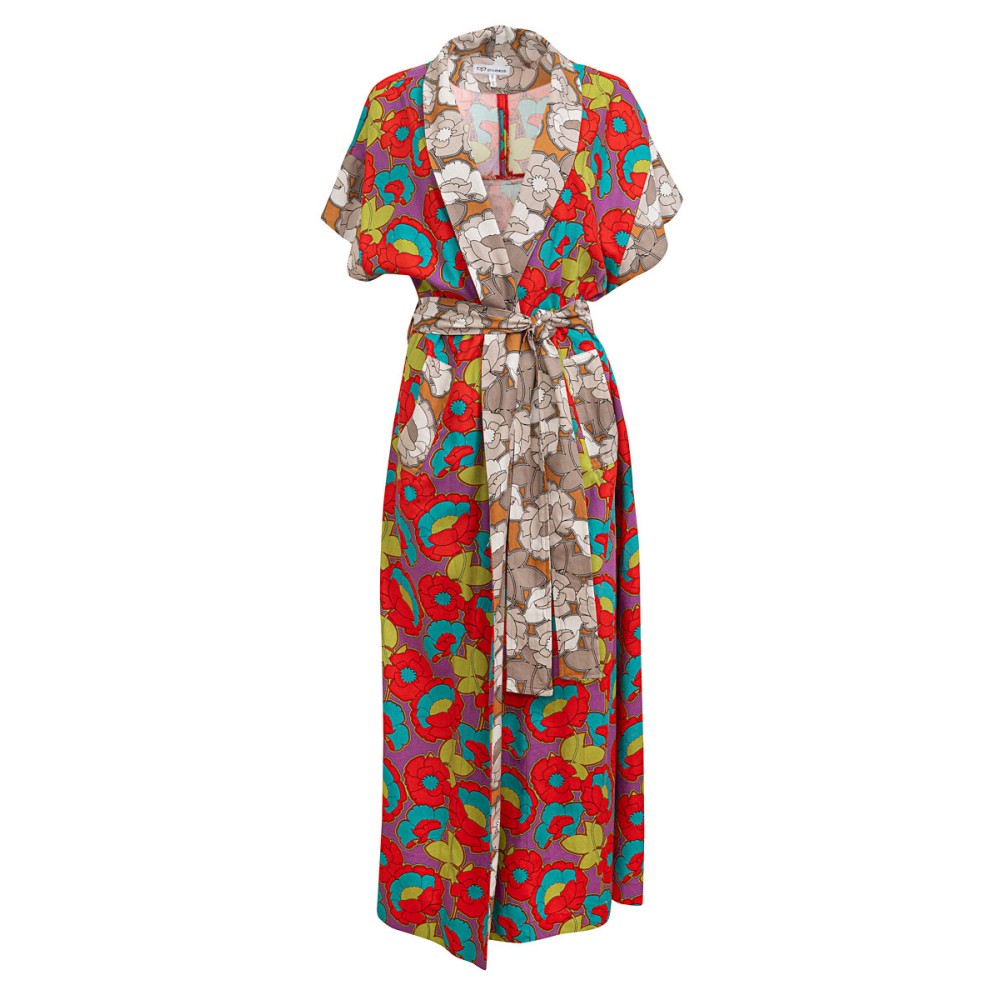 ΚΙΜΟΝΟ ΜΑΚΡΥ, OVERSIZED, ΔΙΧΡΩΜΟ, ΦΛΟΡΑΛ ΣΕ ΚΟΚΚΙΝΟ-ΜΩΒ-ΠΡΑΣΙΝΟ & ΜΠΕΖ ΜΕ ΖΩΝΗ ΚΑΙ ΤΣΕΠΕΣ  "ALEX KATSAITI X STYLISHIOUS"