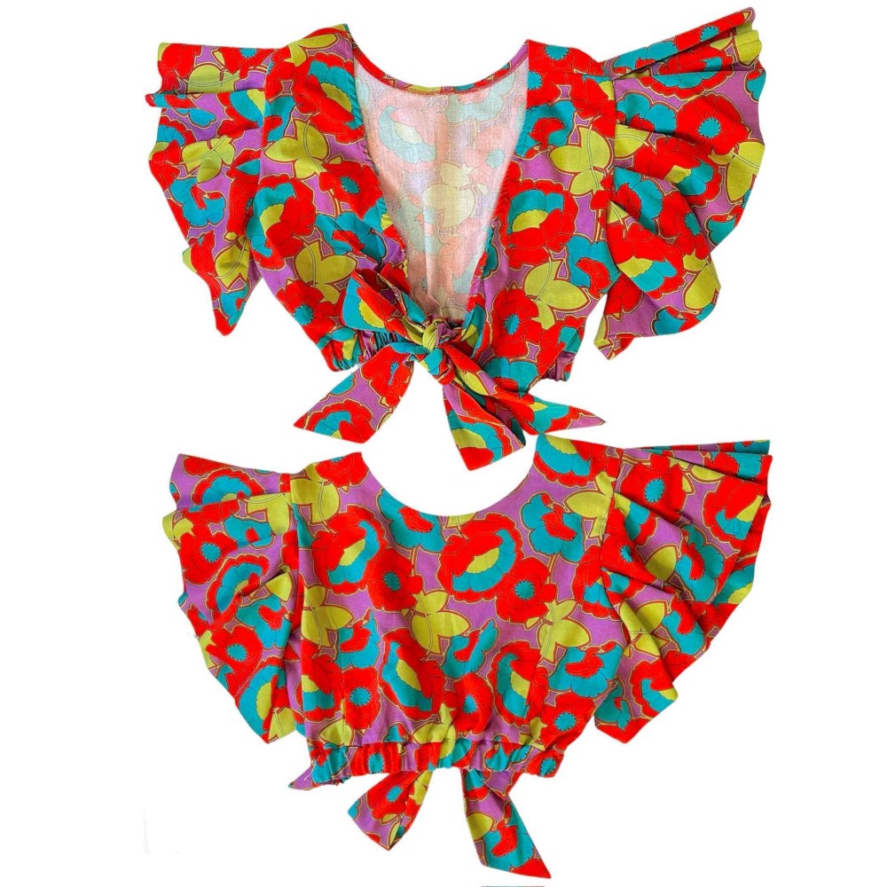 TOΠ ΔΕΤΟ, ΦΛΟΡΑΛ ΣΕ ΚΟΚΚΙΝΟ-ΜΩΒ-ΠΡΑΣΙΝΟ ΕΜΠΡΙΜΕ ΜΕ ΒΟΛΑΝ ΣΤΑ ΜΑΝΙΚΙΑ "ALEX KATSAITI X STYLISHIOUS"