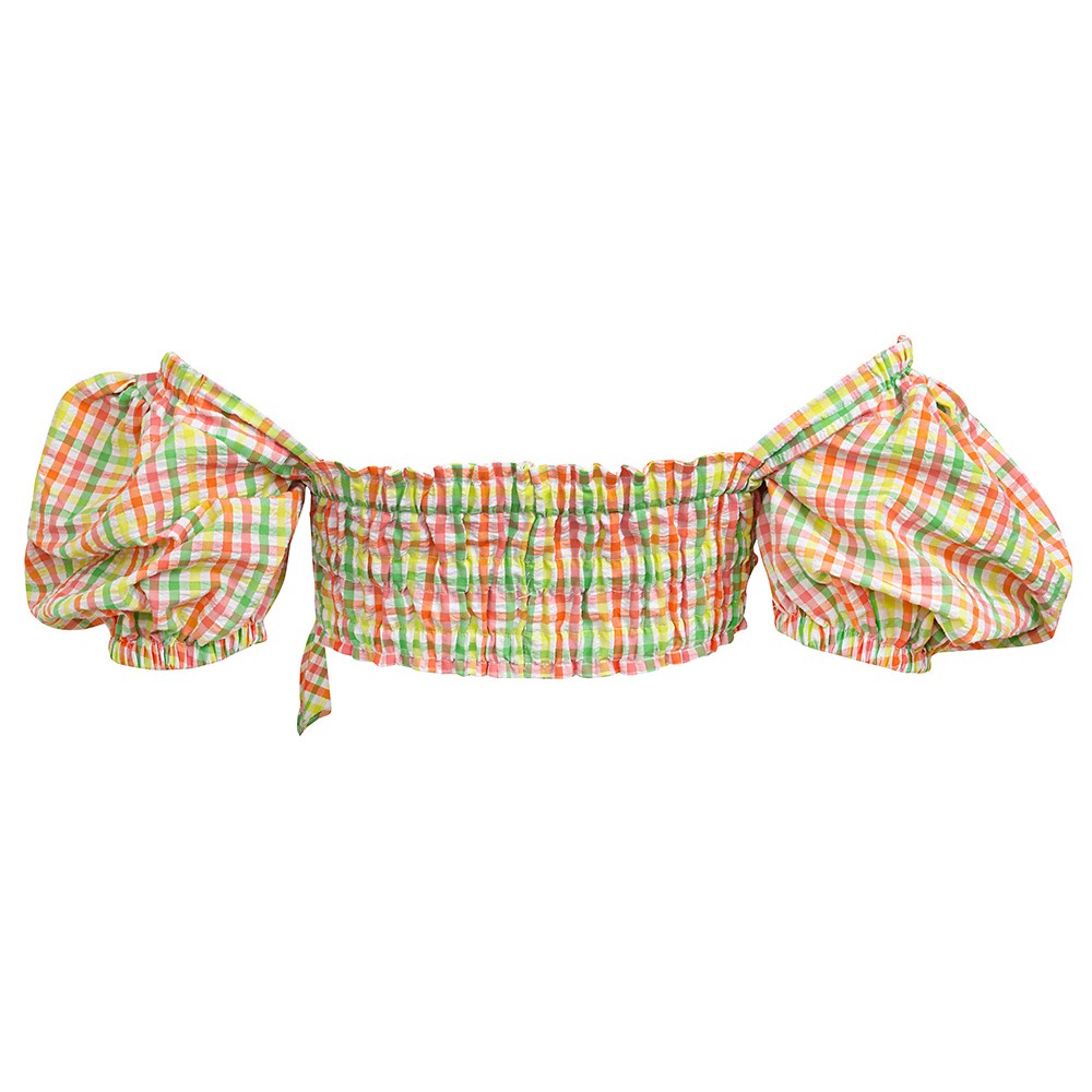 ΤΟΠ  ΚΟΝΤΟ ΑΠΟ ΠΟΛΥΧΡΩΜΟ ΦΛΟΥΟ ΚΑΡΡΩ ΜΕ ΦΟΥΣΚΩΤΑ ΜΑΝΙΚΙΑ "ALEX KATSAITI X STYLISHIOUS"