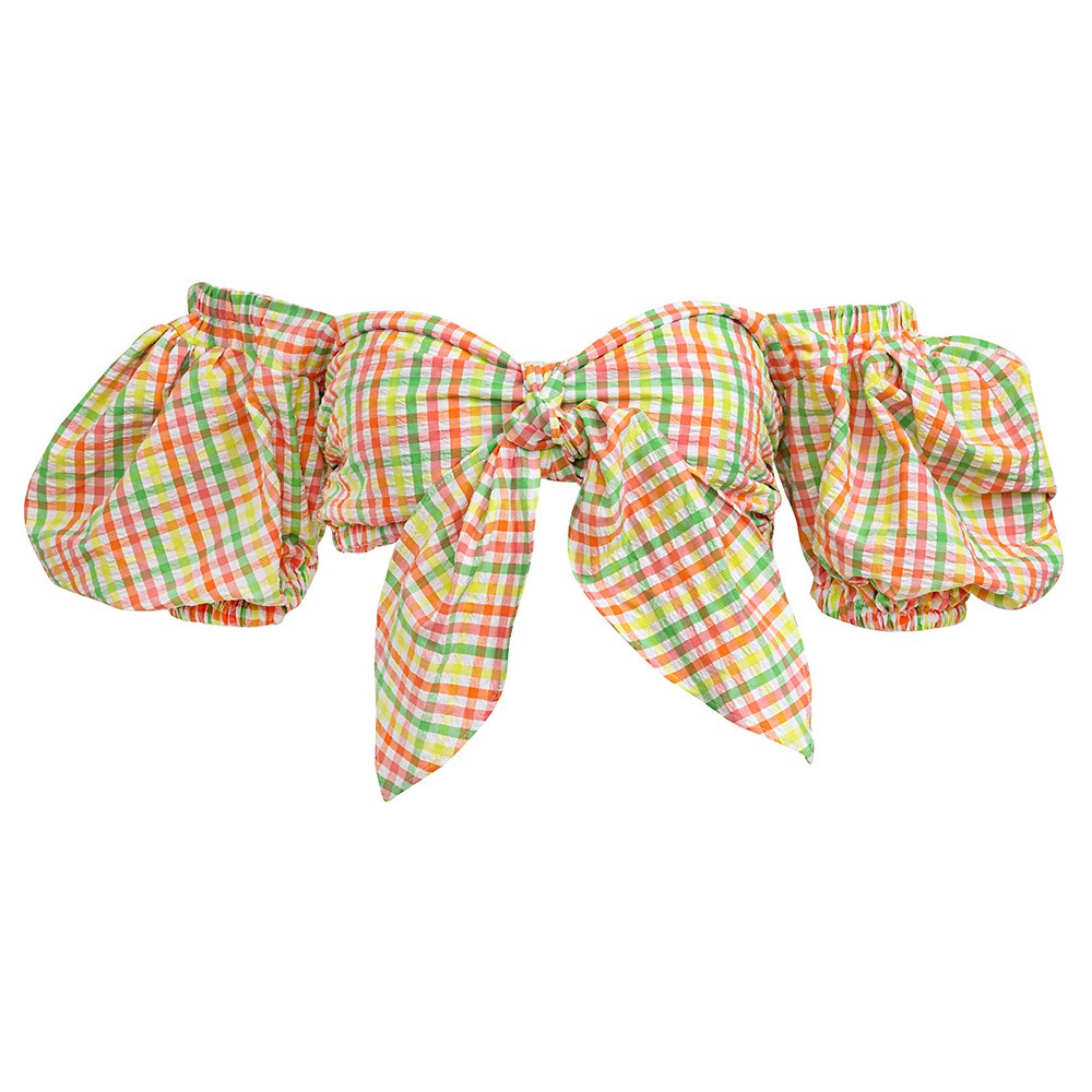 ΤΟΠ  ΚΟΝΤΟ ΑΠΟ ΠΟΛΥΧΡΩΜΟ ΦΛΟΥΟ ΚΑΡΡΩ ΜΕ ΦΟΥΣΚΩΤΑ ΜΑΝΙΚΙΑ "ALEX KATSAITI X STYLISHIOUS"