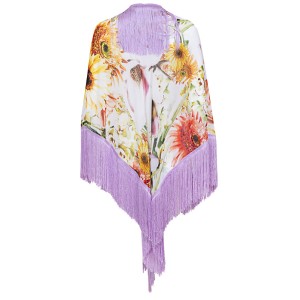 SHAWL - PAREO WRAP IN WHITE FLORAL PRINT IN PALE TONE WITH LONG ORANGE  &/OR LILAC FRINGES "ALEX KATSAITI X STYLISHIOUS"