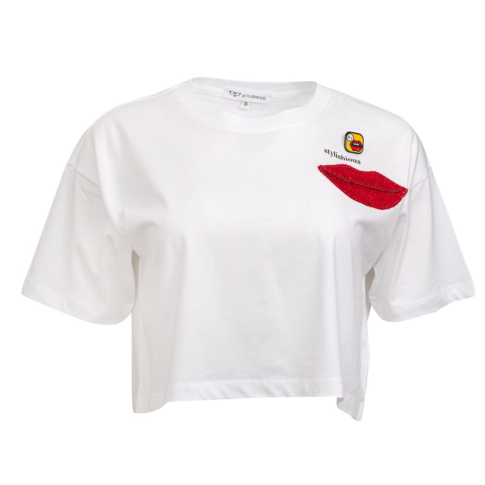 T-SHIRT ΚΟΝΤΟ ΛΕΥΚΟ & ΜΑΥΡΟ, OVERSIZED ΜΕ ΧΕΙΛΗ ΑΠΟ ΠΑΓΙΕΤΑ & ΚΟΝΚΑΡΔΑ  "ALEX KATSAITI X STYLISHIOUS"