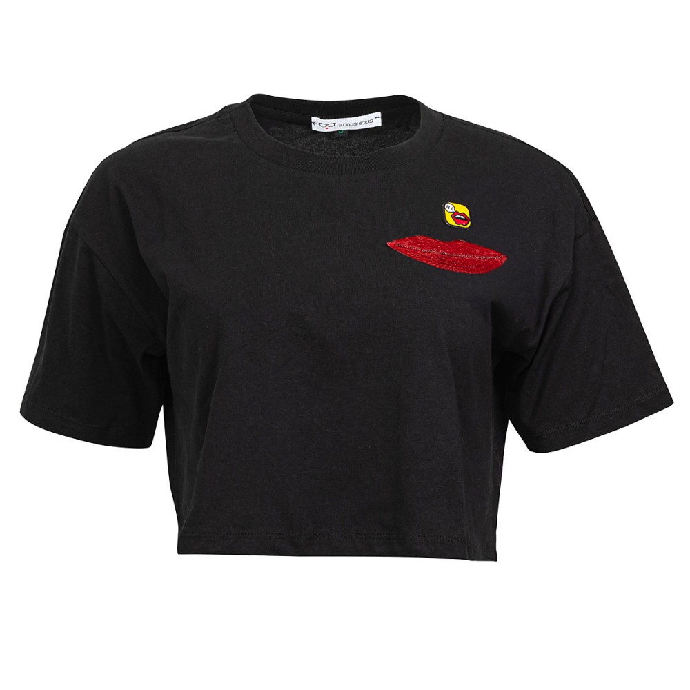 T-SHIRT ΚΟΝΤΟ ΛΕΥΚΟ & ΜΑΥΡΟ, OVERSIZED ΜΕ ΧΕΙΛΗ ΑΠΟ ΠΑΓΙΕΤΑ & ΚΟΝΚΑΡΔΑ  "ALEX KATSAITI X STYLISHIOUS"