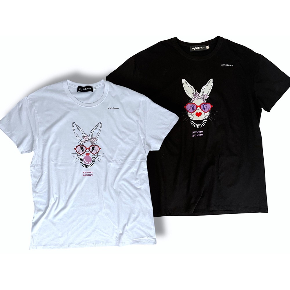 T-SHIRT ΛΕΥΚΟ Ή ΜΑΥΡΟ ΜΕ FUNNY BUNNY ΣΤΑΜΠΑ, ΜΑΚΡΥ & OVERSIZED "ALEX KATSAITI X STYLISHIOUS"