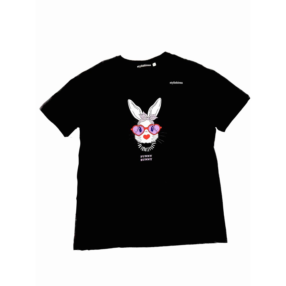 T-SHIRT ΛΕΥΚΟ Ή ΜΑΥΡΟ ΜΕ FUNNY BUNNY ΣΤΑΜΠΑ, ΜΑΚΡΥ & OVERSIZED "ALEX KATSAITI X STYLISHIOUS"