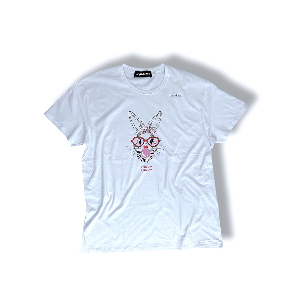 T-SHIRT ΛΕΥΚΟ Ή ΜΑΥΡΟ ΜΕ FUNNY BUNNY ΣΤΑΜΠΑ, ΜΑΚΡΥ & OVERSIZED "ALEX KATSAITI X STYLISHIOUS"