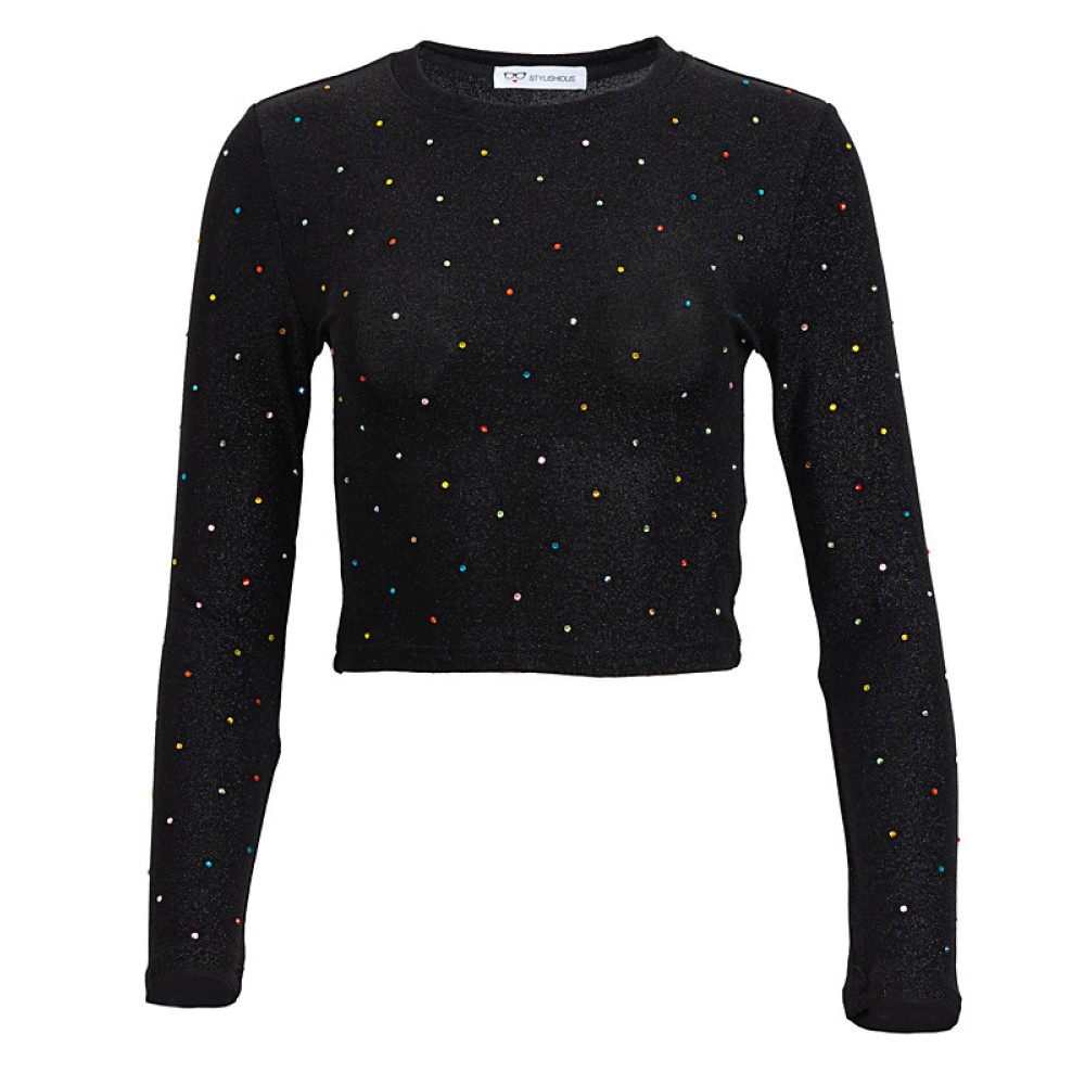 ΜΠΛΟΥΖΑ ΕΛΑΣΤΙΚΗ ΜΑΥΡH METAΛΛΙΖΕ-LUREX, KONTH ΜΕ ΠΟΛΥΧΡΩΜΑ ΣΤΡΑΣ "STYLISHIOUS COLLECTION"