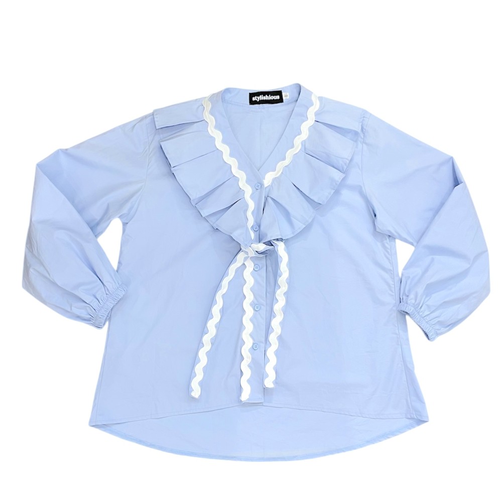 ΠΟΥΚΑΜΙΣΟ ΛΕΥΚΟ & ΓΑΛΑΖΙΟ, OVERSIZED ΜΕ ΒΟΛΛΑΝ ΚΑΙ ΔΙΑΚΟΣΜΗΤΙΚΗ ΤΡΕΣΑ "STYLISHIOUS COLLECTION"