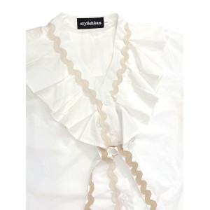 SHIRT IN WHITE & LIGHT BLUE, OVERSIZED WITH RUFFLES & DECORATIVE TRIM  "STYLISHIOUS COLLECTION"