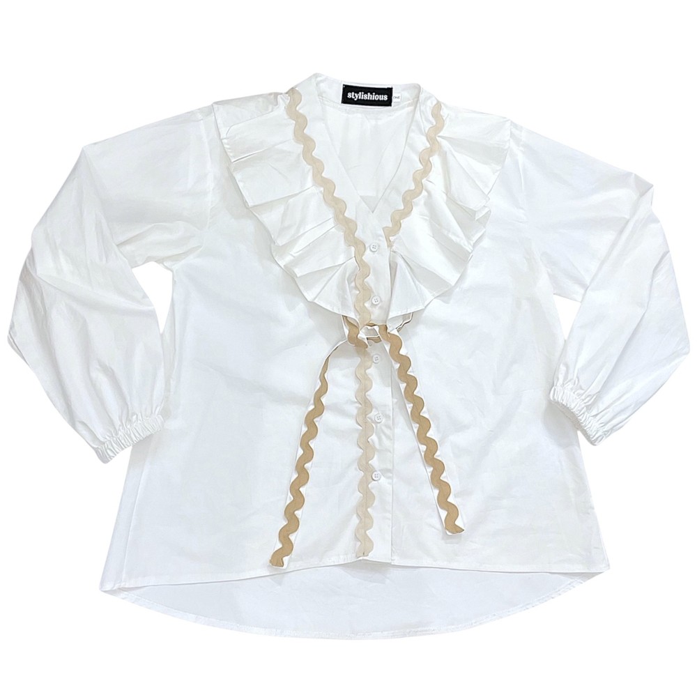 ΠΟΥΚΑΜΙΣΟ ΛΕΥΚΟ & ΓΑΛΑΖΙΟ, OVERSIZED ΜΕ ΒΟΛΛΑΝ ΚΑΙ ΔΙΑΚΟΣΜΗΤΙΚΗ ΤΡΕΣΑ "STYLISHIOUS COLLECTION"