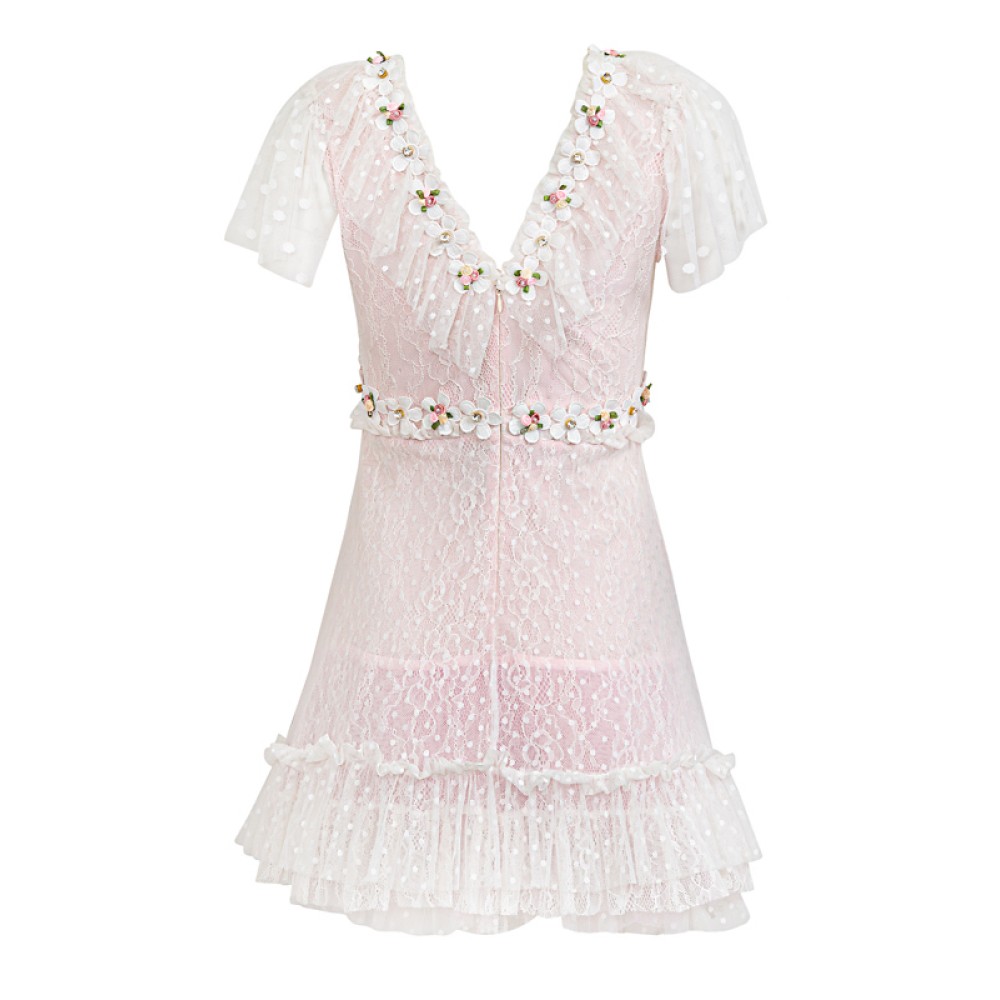 ΦΟΡΕΜΑ ΜΙΝΙ ΛΕΥΚΟ ΑΠΟ ΔΑΝΤΕΛΑ & ΤΟΥΛΙ ΜΕ ΡΟΖ ΕΠΕΝΔΥΣΗ, ΛΕΥΚΕΣ ΜΑΡΓΑΡΙΤΕΣ & ΚΟΥΜΠΙΑ ΣΕ ΣΧΗΜΑ ΚΑΡΔΙΑΣ "ALEX KATSAITI X STYLISHIOUS”