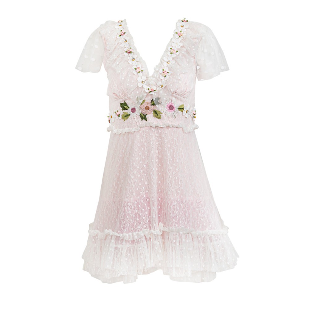 ΦΟΡΕΜΑ ΜΙΝΙ ΛΕΥΚΟ ΑΠΟ ΔΑΝΤΕΛΑ & ΤΟΥΛΙ ΜΕ ΡΟΖ ΕΠΕΝΔΥΣΗ, ΛΕΥΚΕΣ ΜΑΡΓΑΡΙΤΕΣ & ΚΟΥΜΠΙΑ ΣΕ ΣΧΗΜΑ ΚΑΡΔΙΑΣ "ALEX KATSAITI X STYLISHIOUS”