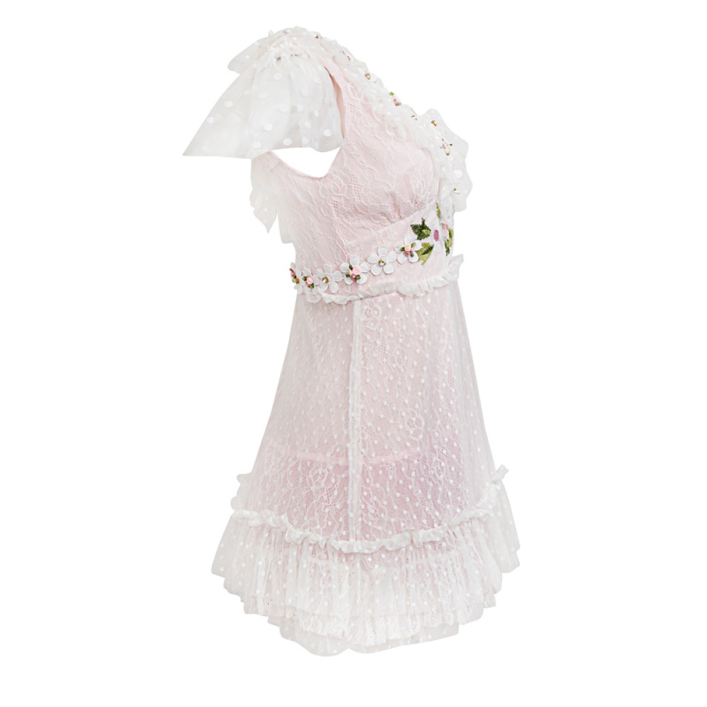 ΦΟΡΕΜΑ ΜΙΝΙ ΛΕΥΚΟ ΑΠΟ ΔΑΝΤΕΛΑ & ΤΟΥΛΙ ΜΕ ΡΟΖ ΕΠΕΝΔΥΣΗ, ΛΕΥΚΕΣ ΜΑΡΓΑΡΙΤΕΣ & ΚΟΥΜΠΙΑ ΣΕ ΣΧΗΜΑ ΚΑΡΔΙΑΣ "ALEX KATSAITI X STYLISHIOUS”