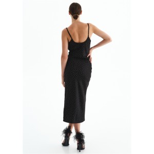 DRESS MIDI, SLIP DRESS, IN BLACK SATIN EMBELLISHED WITH WHITE CRYSTALS "STYLISHIOUS COLLECTION"