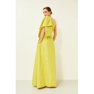 DRESS IN LIME, MAXI WITH MATCHING LARGE BOW, ONE SHOULDER & POCKETS  "STYLISHIOUS COLLECTION" 