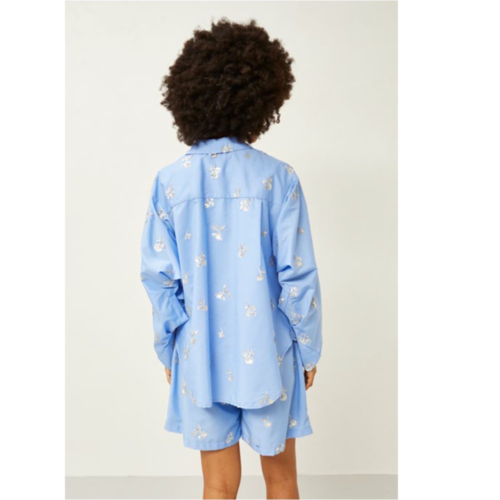 SHIRT IN LIGHT BLUE, OVERSIZED EMBROIDERED WITH SILVER SEQUINS  "STYLISHIOUS COLLECTION"