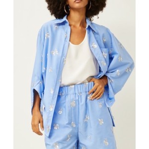 SHIRT IN LIGHT BLUE, OVERSIZED EMBROIDERED WITH SILVER SEQUINS  "STYLISHIOUS COLLECTION"