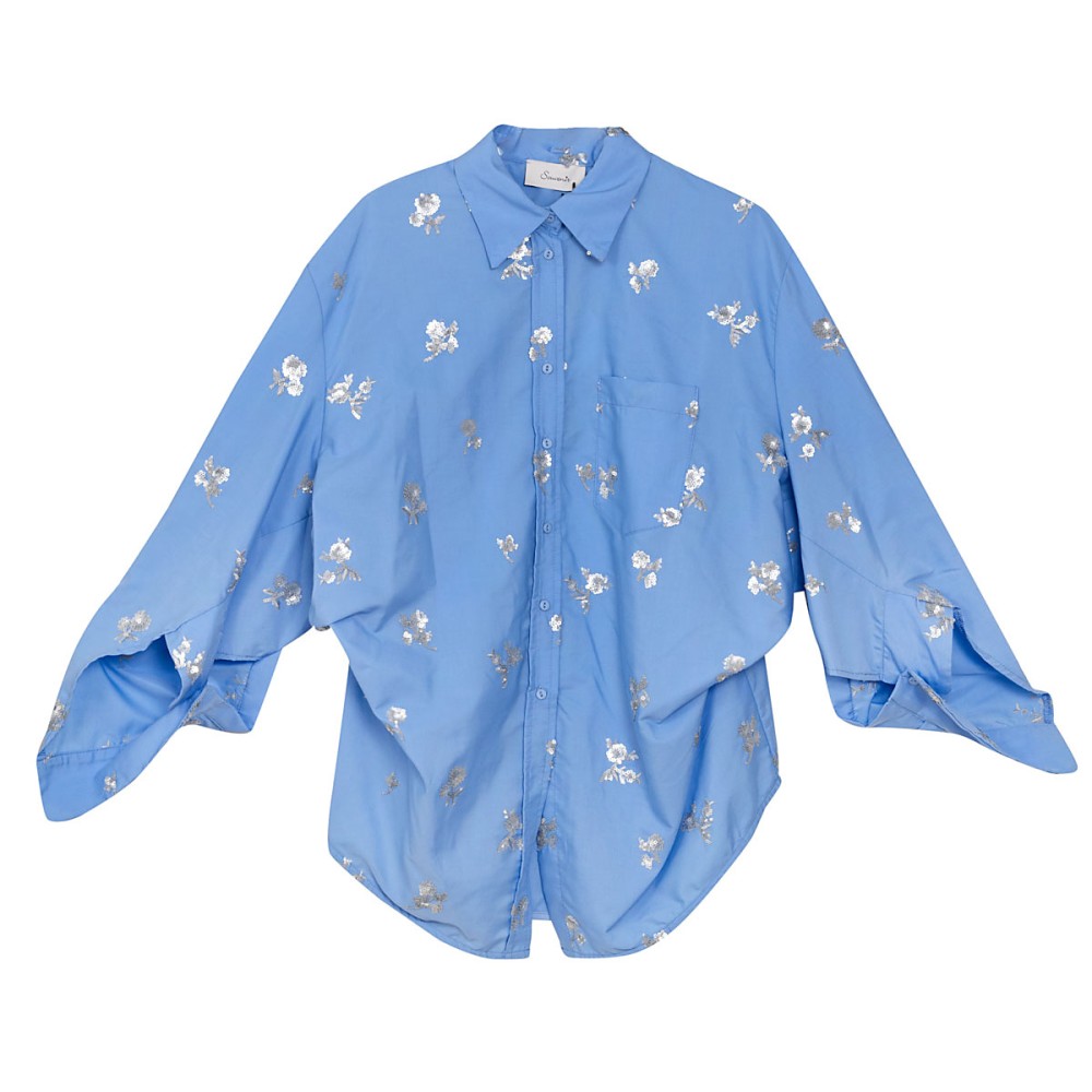 SHIRT IN LIGHT BLUE, OVERSIZED EMBROIDERED WITH SILVER SEQUINS  "STYLISHIOUS COLLECTION"