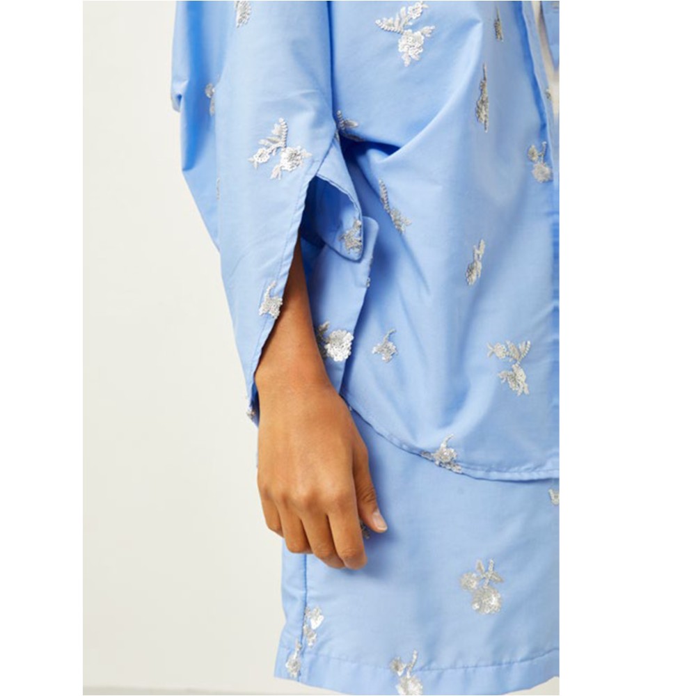 SHIRT IN LIGHT BLUE, OVERSIZED EMBROIDERED WITH SILVER SEQUINS  "STYLISHIOUS COLLECTION"