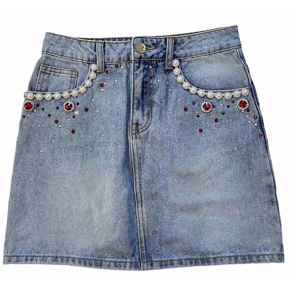 ΦΟΥΣΤΑ ΜΙΝΙ ΑΠΟ ΑΝΟΙΧΤΟΧΡΩΜΟ ΜΠΛΕ ΤΖΗΝ ΜΕ ΠΟΛΥΧΡΩΜΑ ΚΡΥΣΤΑΛΛΑ ΚΑΙ ΠΕΡΛΕΣ "STYLISHIOUS COLLECTION"